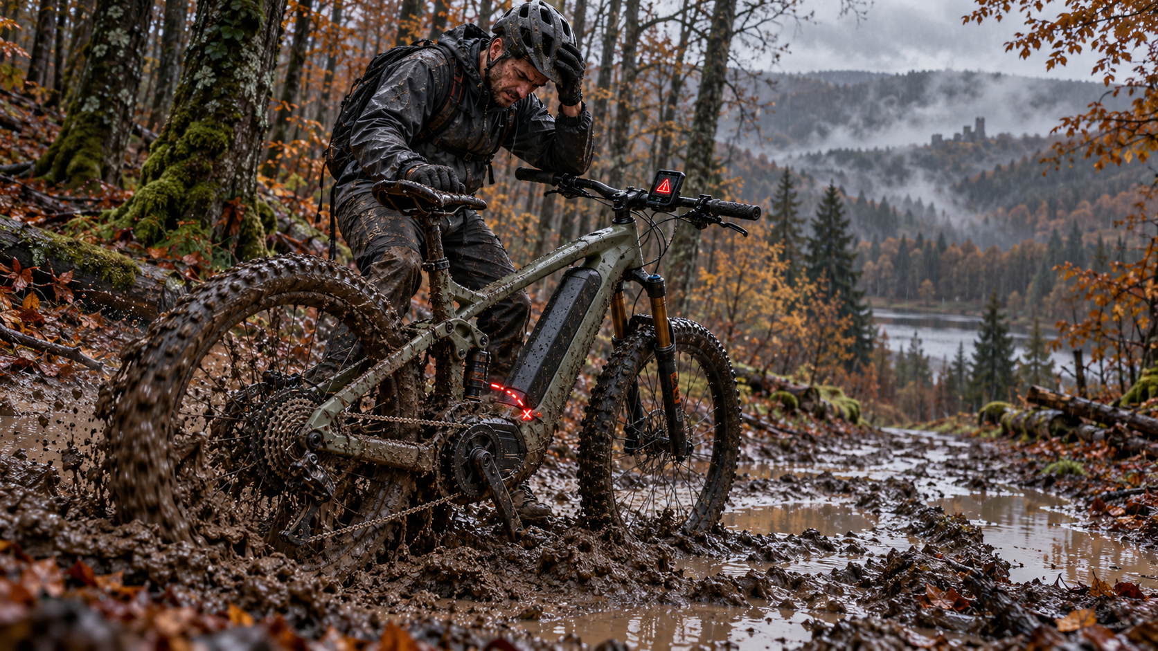 Panne de VTT electrique sous la pluie
