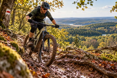 VTT boueux dans les collines boisees